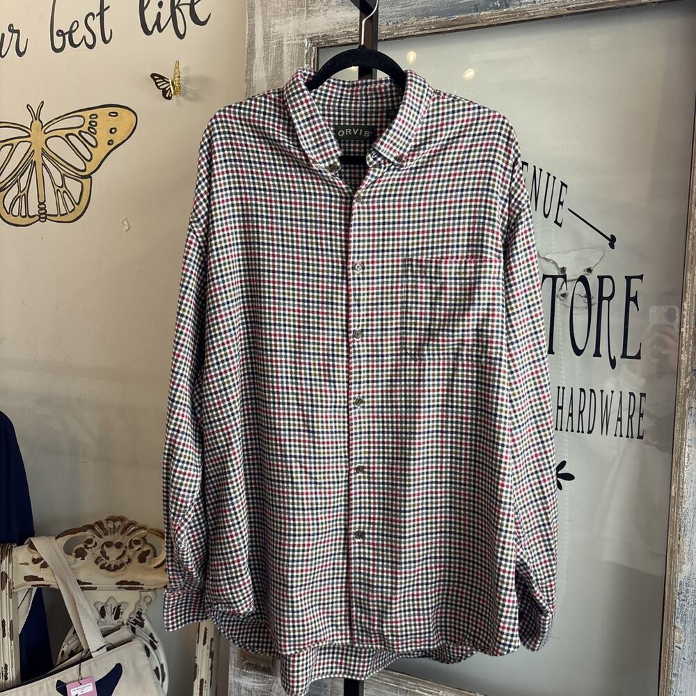 Men’s Orvis Multicolor Gingham Luxury Flannel Button Down 100% Cotton Size XXL